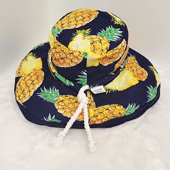 Pineapple Reversible Bucket Hat Navy with Yellow Orange and Green 100% Cotton - Picture 2 of 10